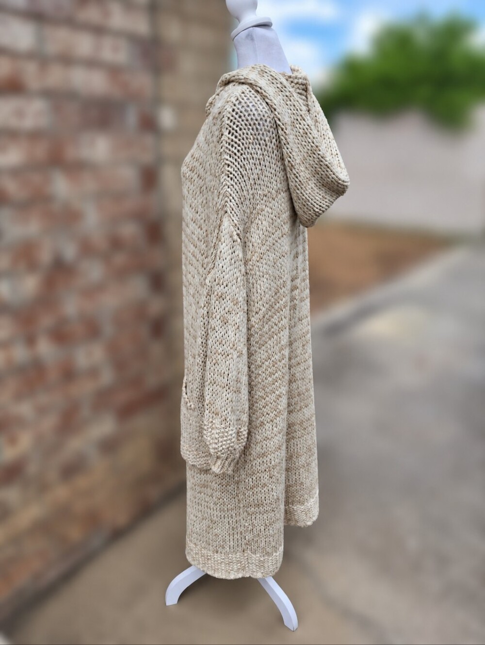 Free People Neutral Chunky Knit Hooded Longline Midi Cardigan Duster Size Small - Picture 6 of 16